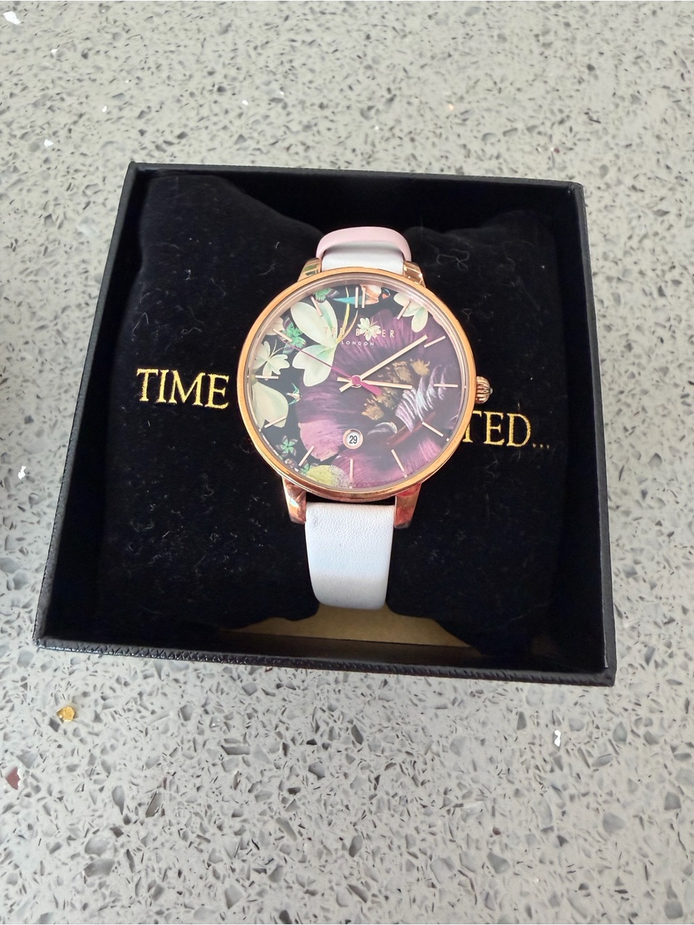 Ted Baker Rose Gold Case Floral Dial Watch with White Strap